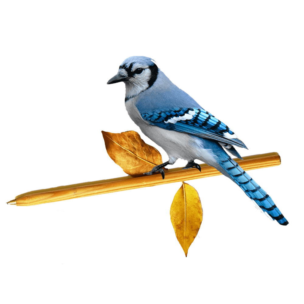 Collage ilustrativo de pájaro azul sobre lápiz con hojas secas.